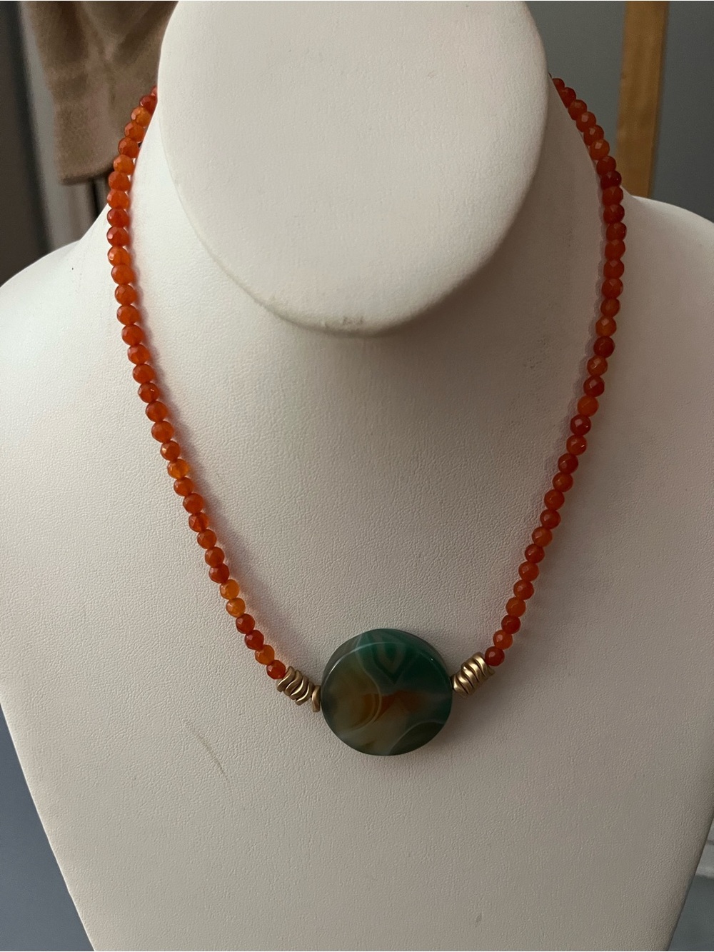 Carnelian Bead Necklace with Agate Centerpiece